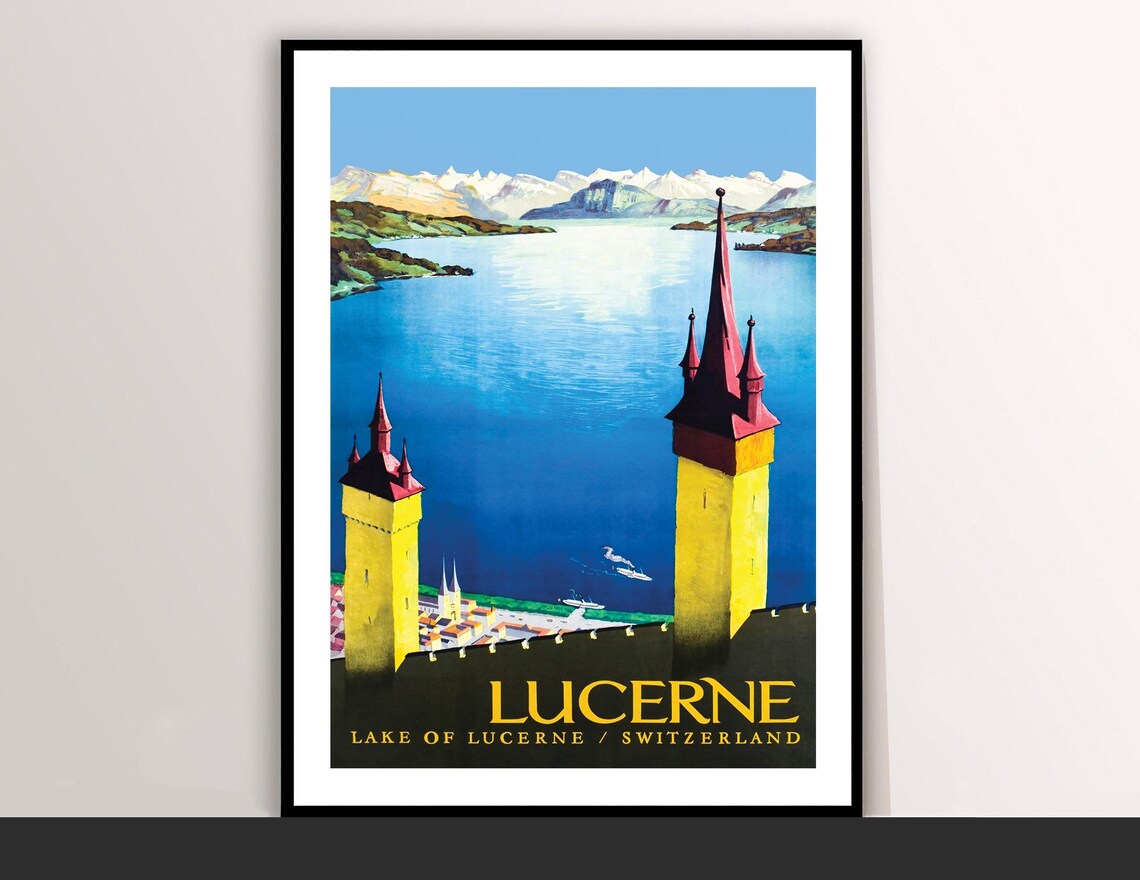 Lucerne Switzerland Vintage Travel Poster Lake Lucerne Towers Art