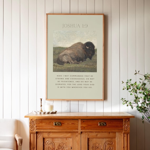 Joshua 1:9 Bible Verse Vintage Bison Farmhouse Christian Scripture Art Print