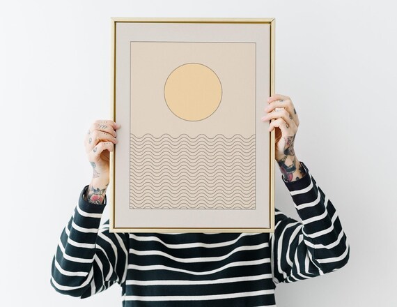 Mid Century Modern Sun Over Waves Geometric Minimalist Beach Wall Art