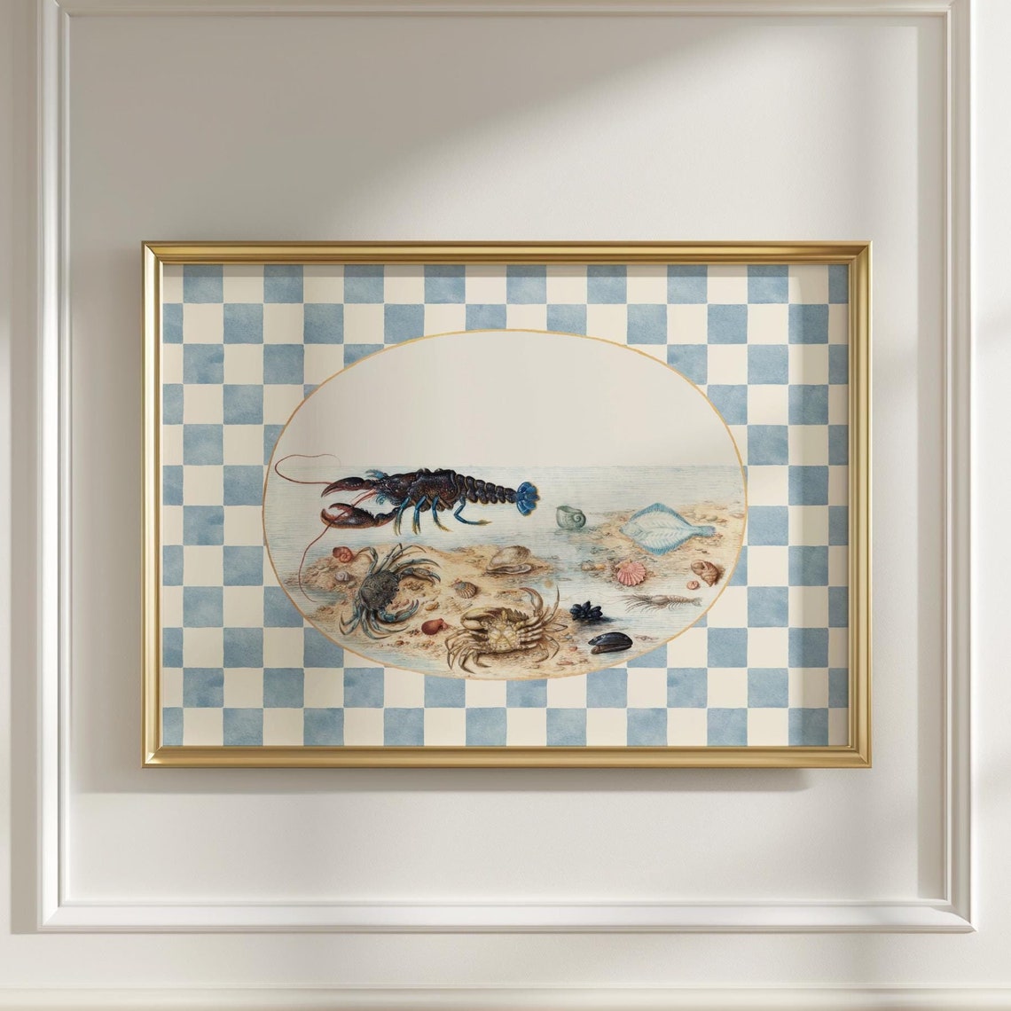 Vintage Lobster Shell Illustration Coastal Checkerboard Kitchen Poster