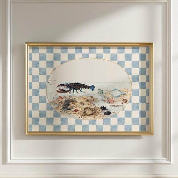 Coastal Kitchen Wall Art Vintage Lobster Illustration Print Light Blue Maximalist Decor Horizontal A243