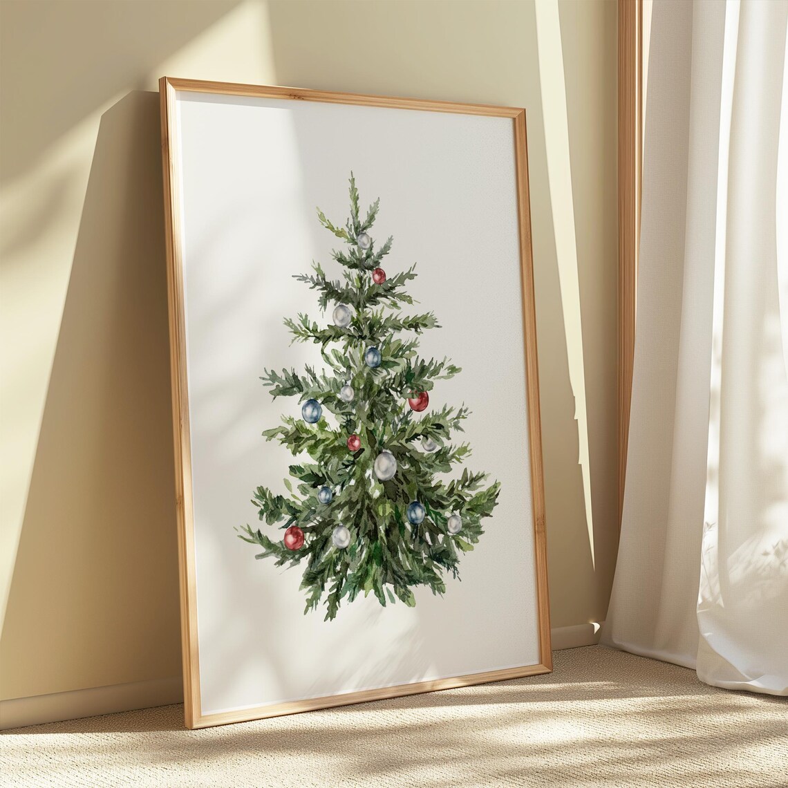 Watercolor Christmas Tree Red Blue Ornaments Minimalist Wall Art - Image 4