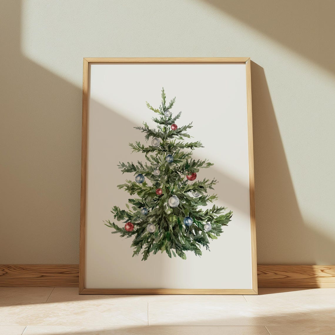 Watercolor Christmas Tree Red Blue Ornaments Minimalist Wall Art - Image 3
