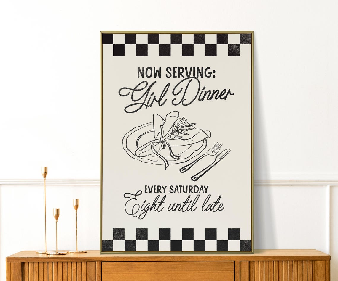 Now Serving Girl Dinner Checkerboard Retro Kitchen Sign Poster