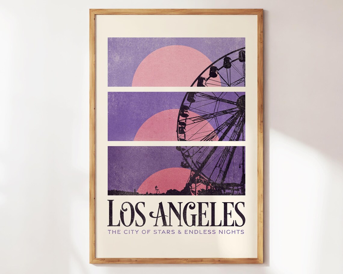 Los Angeles City of Stars Retro Sunset Ferris Wheel Art Poster