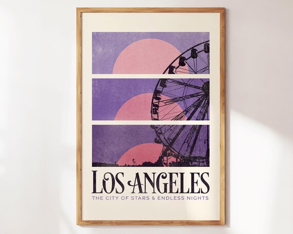 Los Angeles City of Stars Retro Sunset Ferris Wheel Art Poster