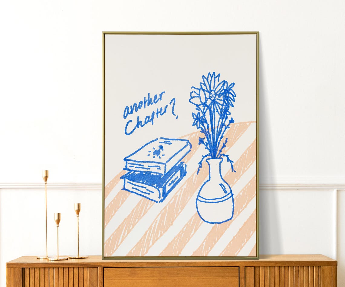 Another Chapter Blue Ink Book Stack Floral Poster for Book Lovers