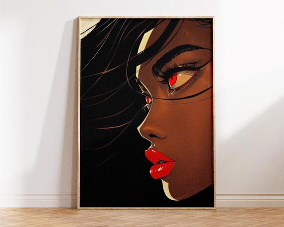 Bold Manga Woman Portrait With Red Lips And Eyes Anime Poster