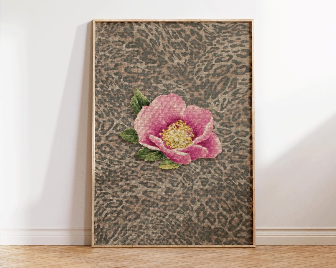 Leopard Spots Pink Wild Rose Flower Vintage Botanical Trendy Poster