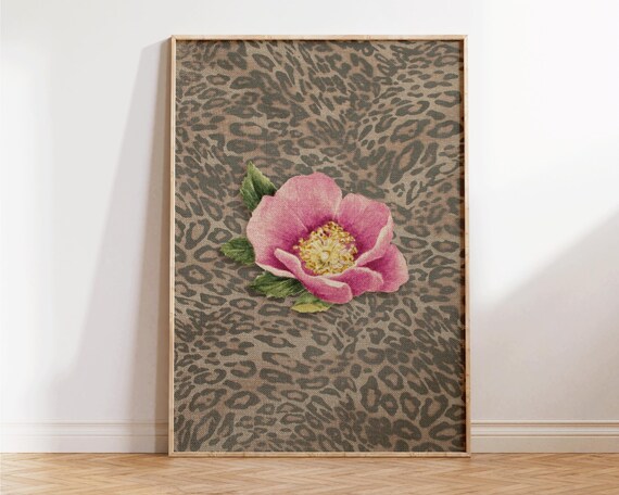 Leopard Print With Cheetah And Retro Flowers Vintage Girly Wall Art Trendy Preppy Decor For Bedroom Or Apartment