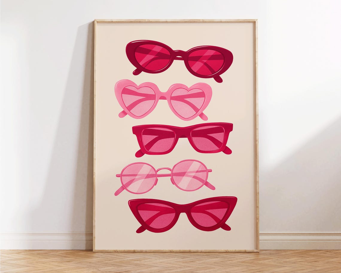 Pink Sunglasses Collection Girly Illustration Trendy Wall Art