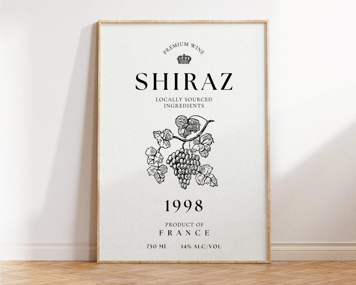 Shiraz 1998 Vintage French Wine Label Typography Black Cream Poster