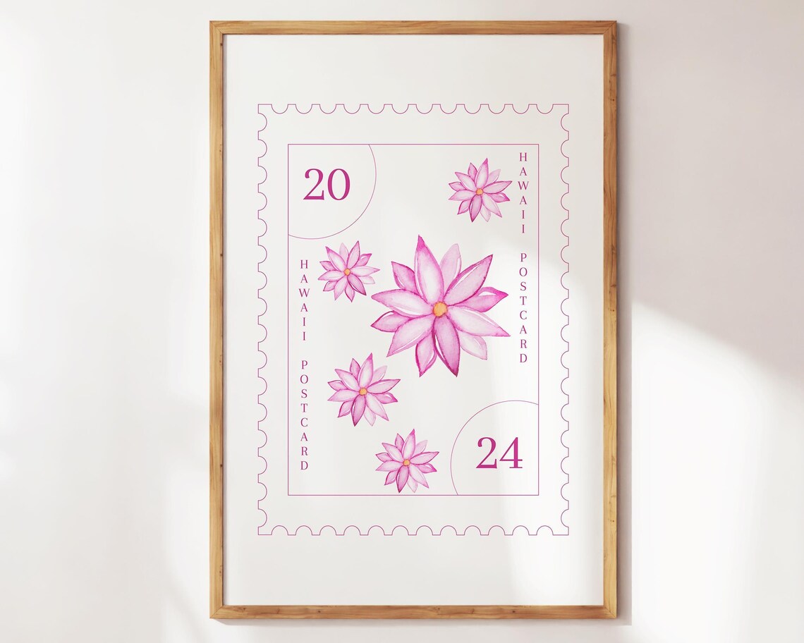 Hawaii Postcard Floral Stamp Pink Watercolor Botanical Poster