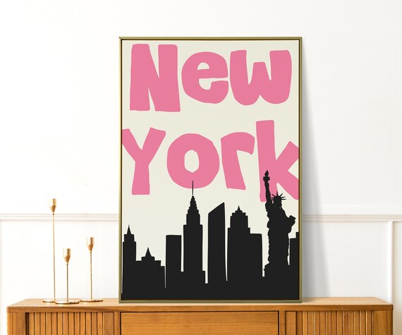 New York Pink Bubble Letters Black Skyline Statue of Liberty Poster