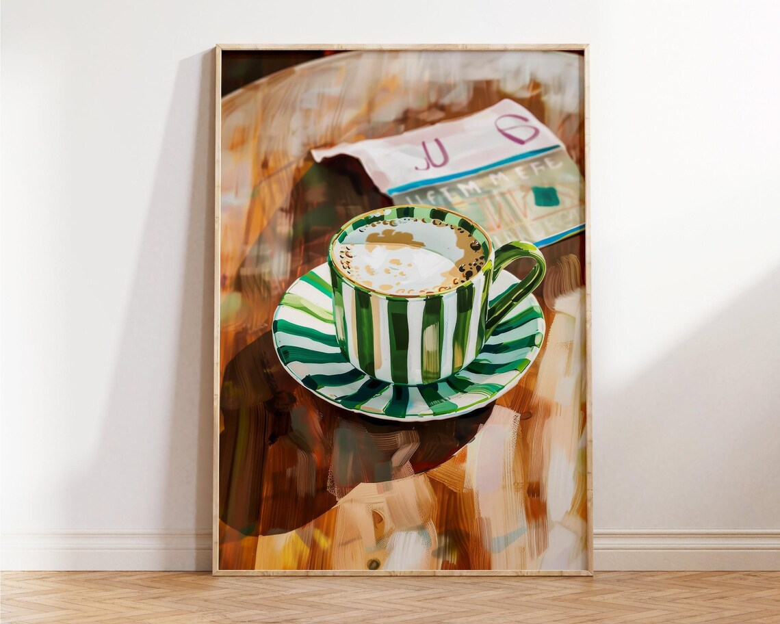 Green Striped Cappuccino Cup Wooden Table Morning Coffee Poster
