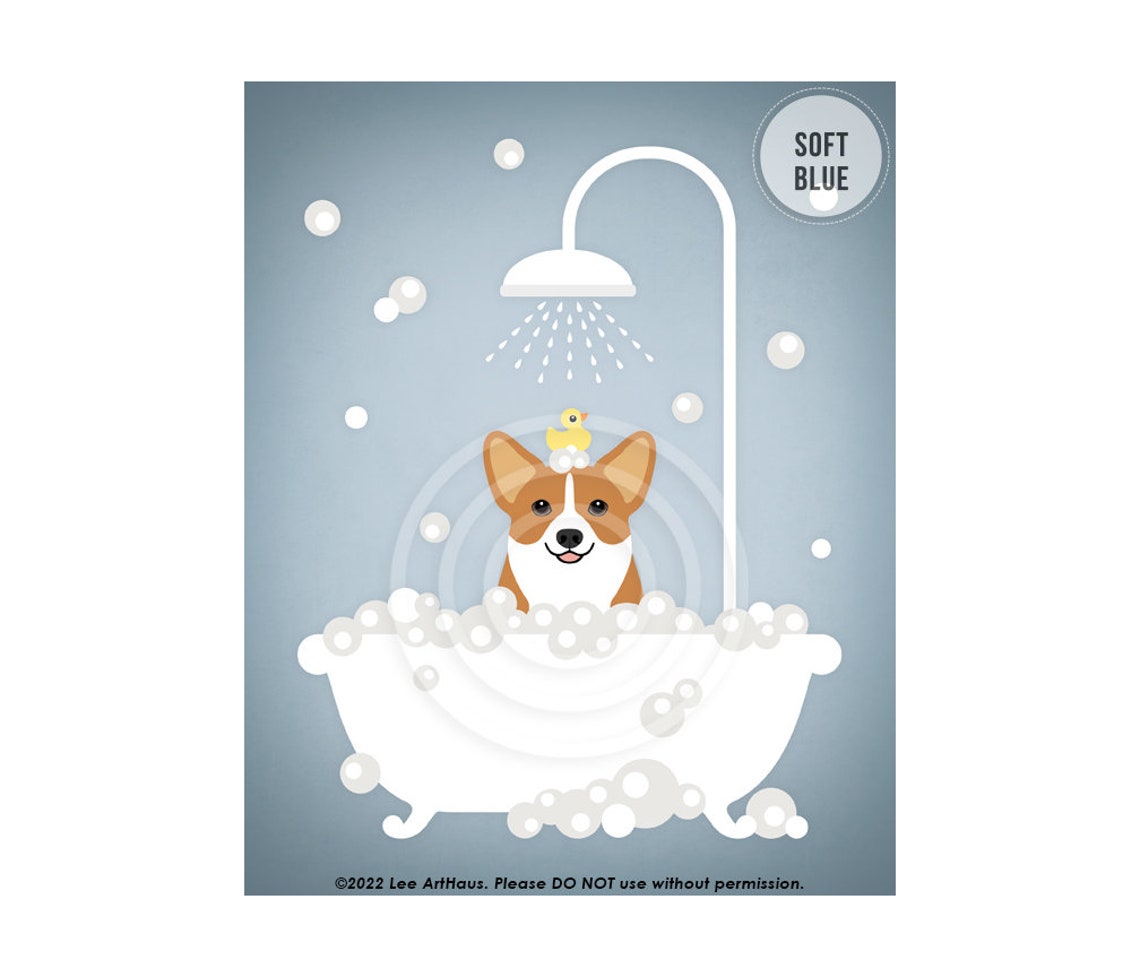Smiling Corgi Bubble Bath Shower Rubber Ducky Teal Bathroom Poster - Image 2