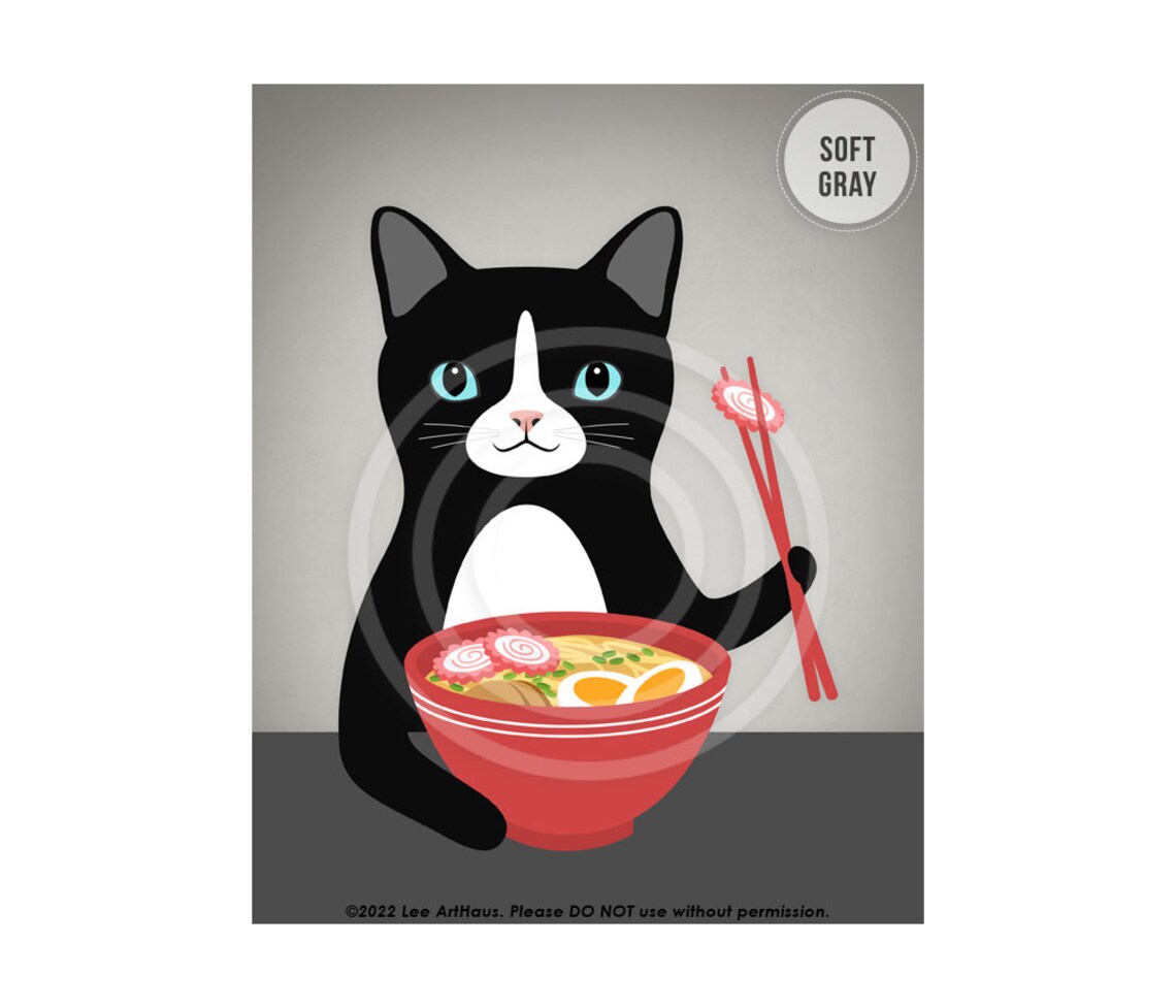Black And White Cat Eating Ramen Bowl Cute Kitty Lover Kitchen Wall Poster - Image 8