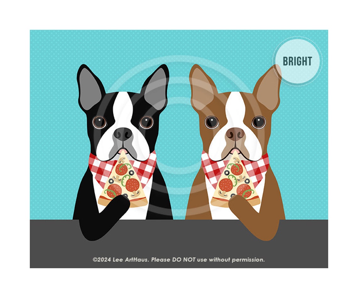 Two Boston Terriers Eating Pizza With Checkered Bibs Dog Art Poster - Image 9