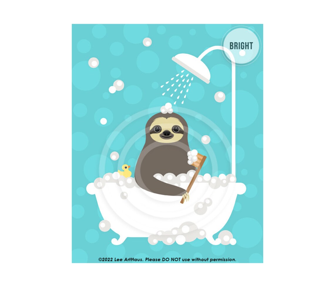 Happy Sloth Bubble Bath Clawfoot Tub Scrub Brush Pink Cute Bathroom Poster - Image 4
