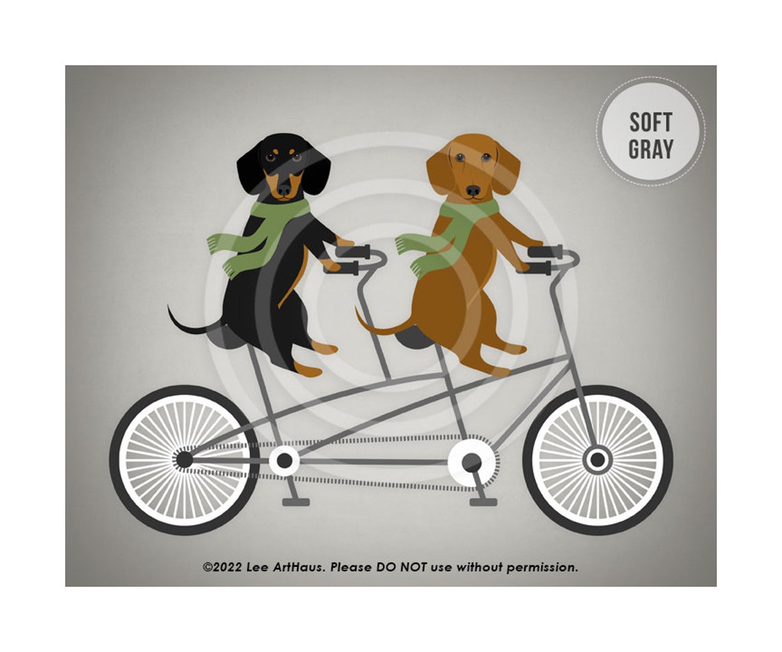 Two Dachshunds Riding Tandem Bicycle Green Scarves Vintage Dog Poster - Image 3
