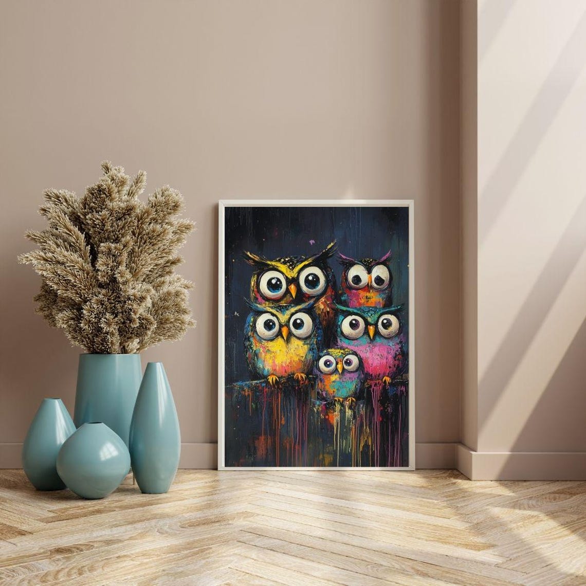 Owl Family Art Print Whimsical Owl Wall Decor Vibrant Owl Painting Cute Family Of Owls Poster Playful Animal Art For Kids Room - Image 3