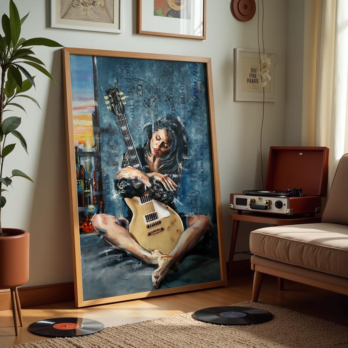 Woman With Electric Guitar Moody Blue Figurative Music Poster