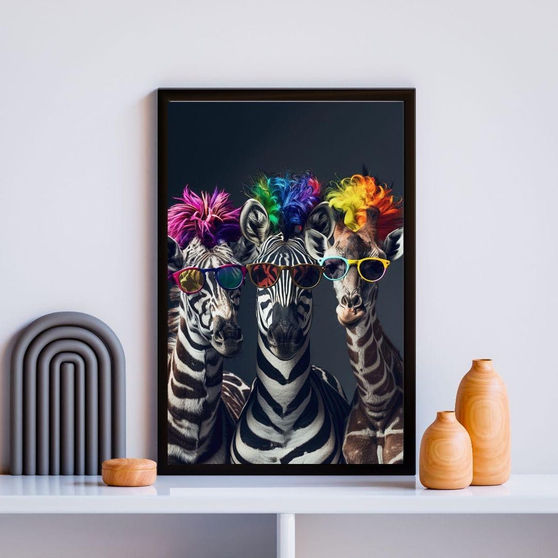 Funky Zebra And Giraffe Wearing Sunglasses Colorful Safari Art Poster - Image 2