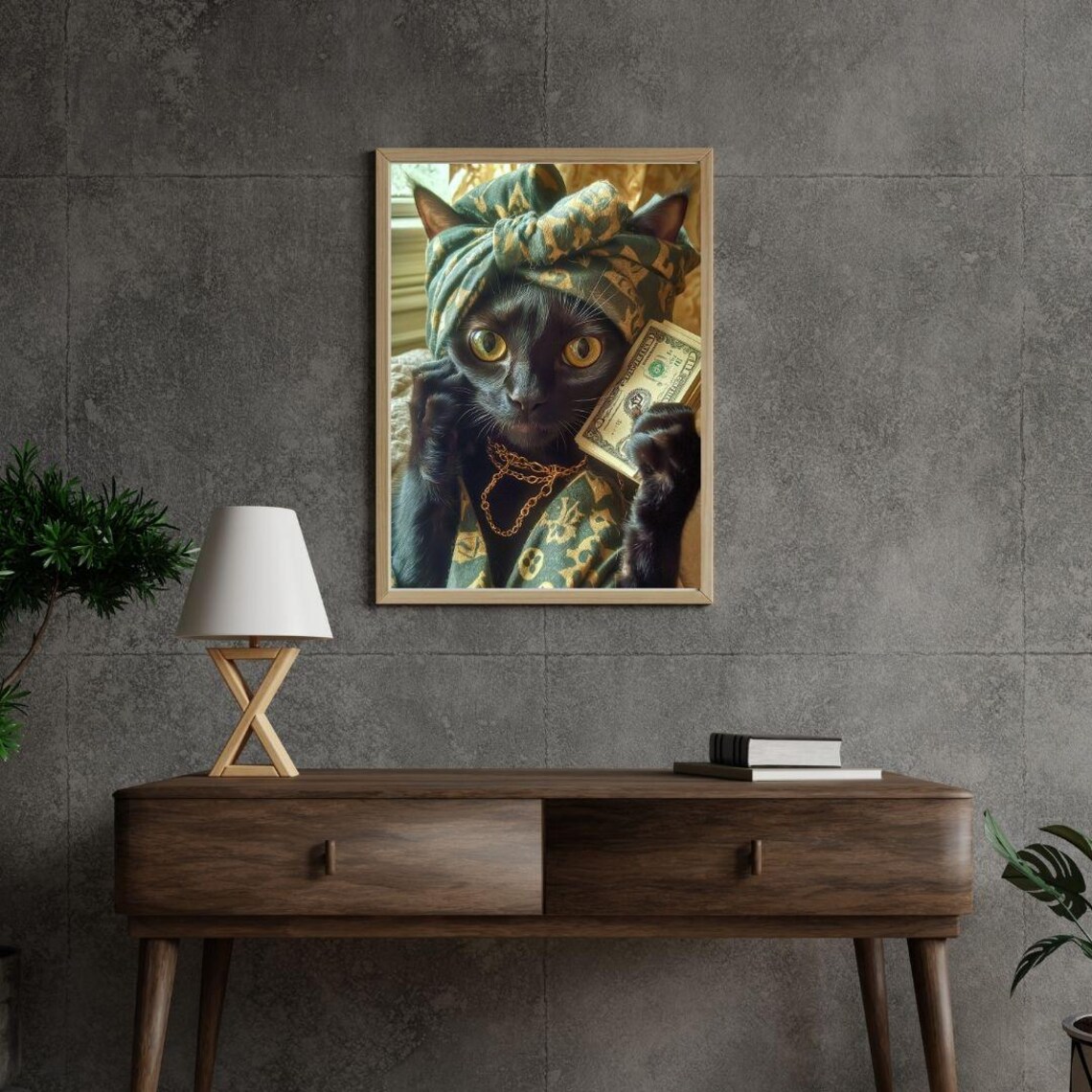 Rich Black Cat With Gold Chain Holding Dollar Bills Quirky Animal Poster - Image 2