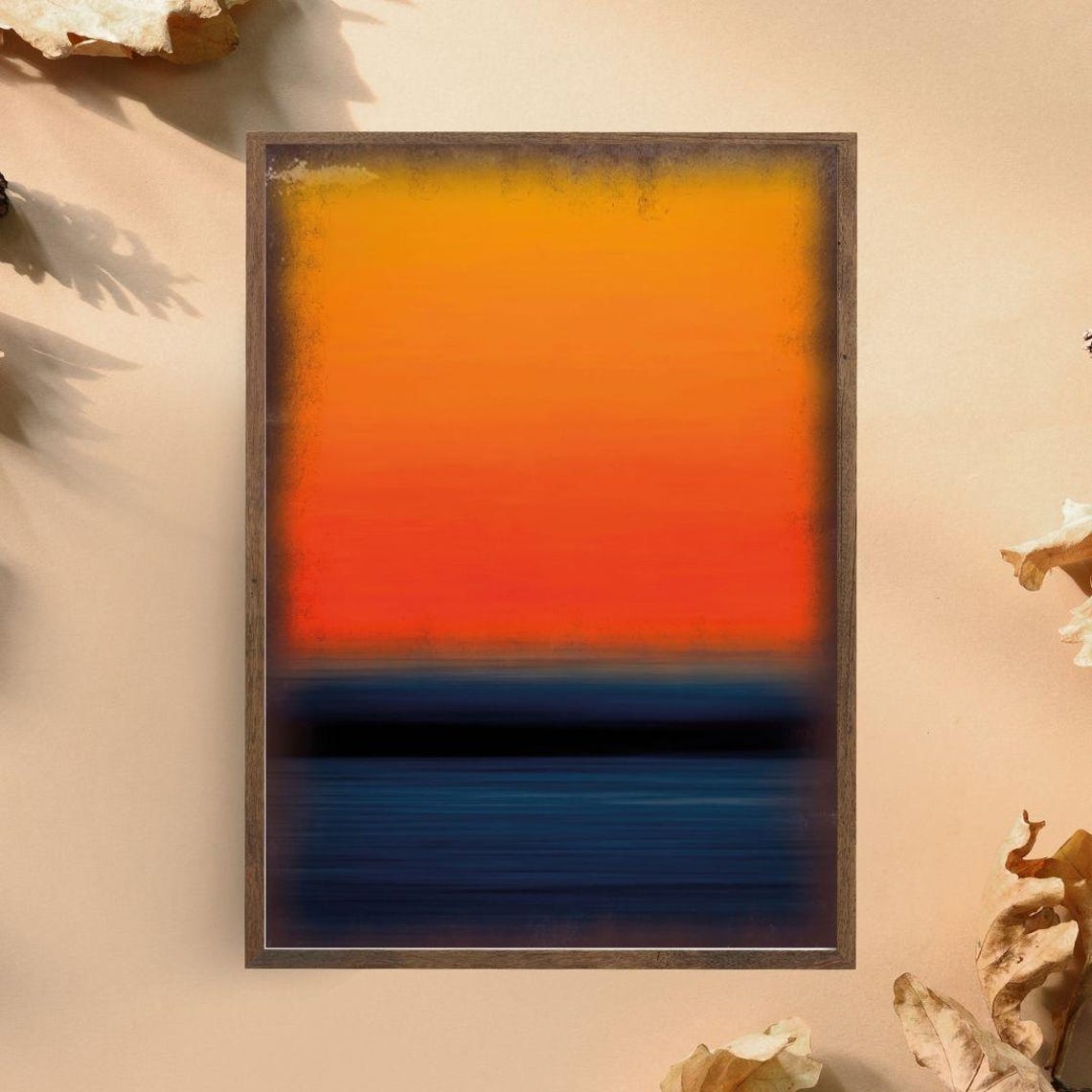 Fiery Orange Sunset Over Dark Blue Water Abstract Horizon Poster