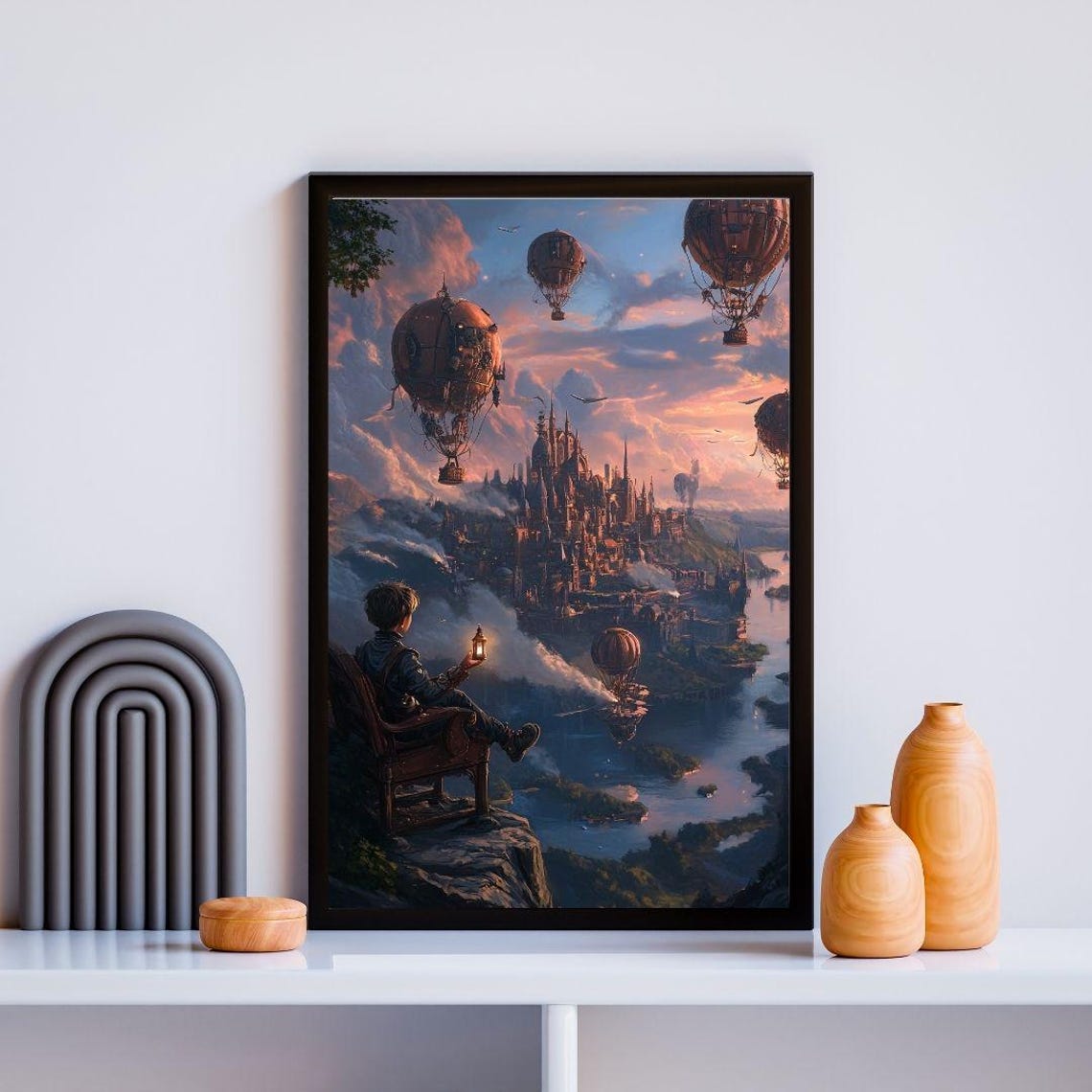 Steampunk Fantasy Cityscape With Airships Over Sunset River Poster - Image 2