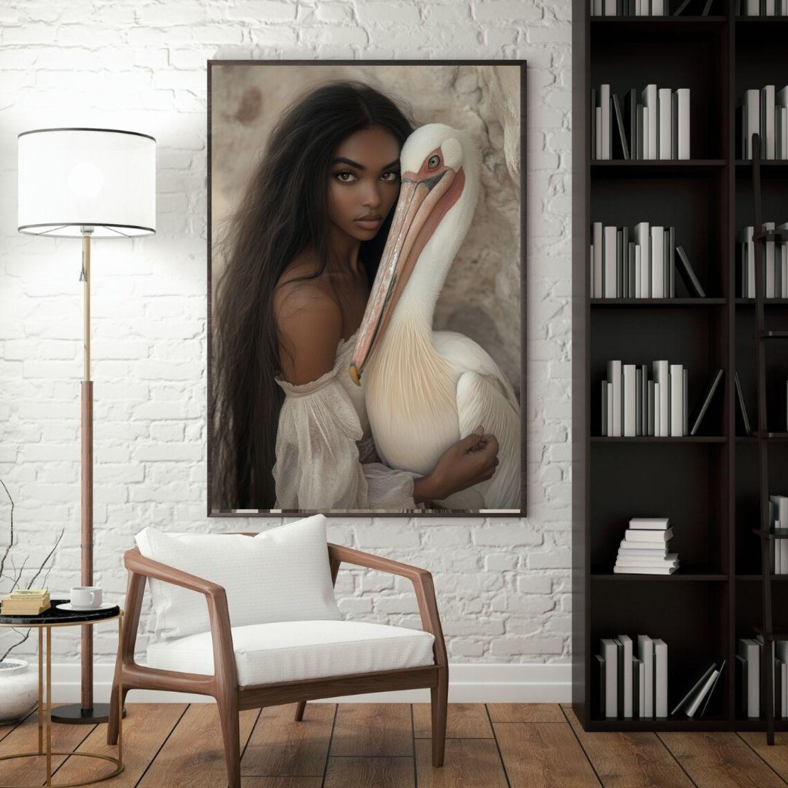 Woman With White Pelican Portrait Elegant Nature Wildlife Art Poster - Image 3