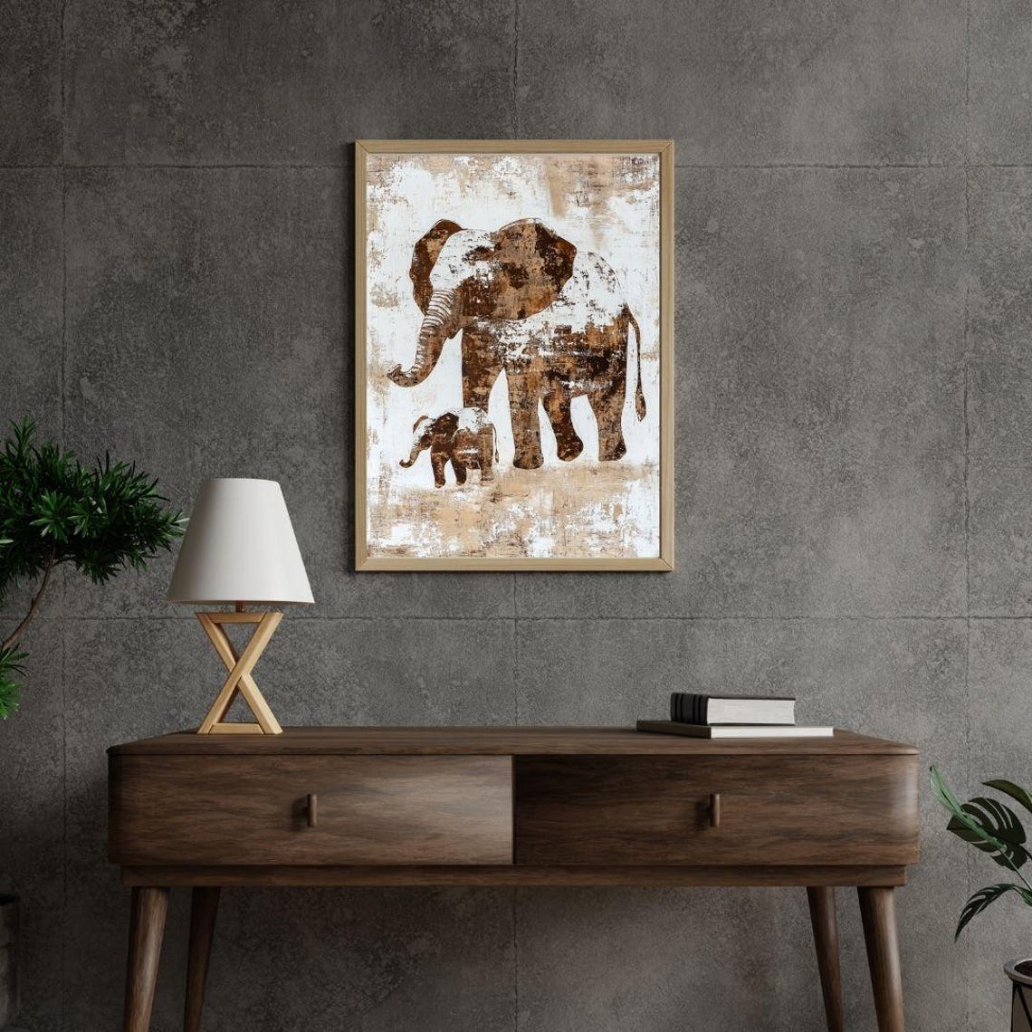 Mother Baby Elephant Rustic Silhouette Safari Nursery Wall Poster - Image 2