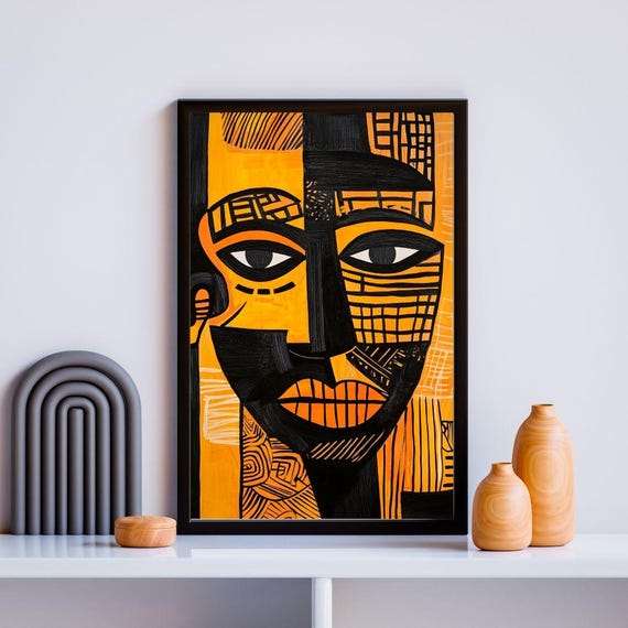 Abstract Geometric Portrait Bold African Inspired Modern Art Orange And Black Wall Decor Tribal Cubist Design