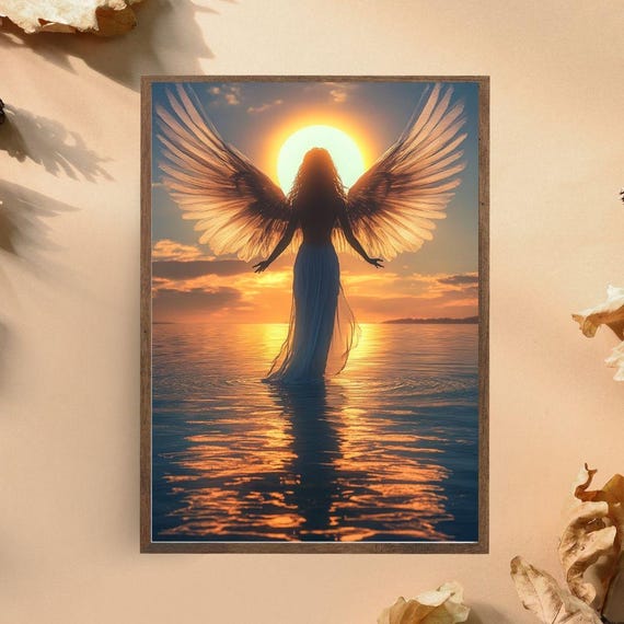 Angel At Sunset Art Print Ethereal Angelic Silhouette With Wings Spiritual Sunset Wall Art Heavenly Fantasy Decor Serene Angel In Sunset