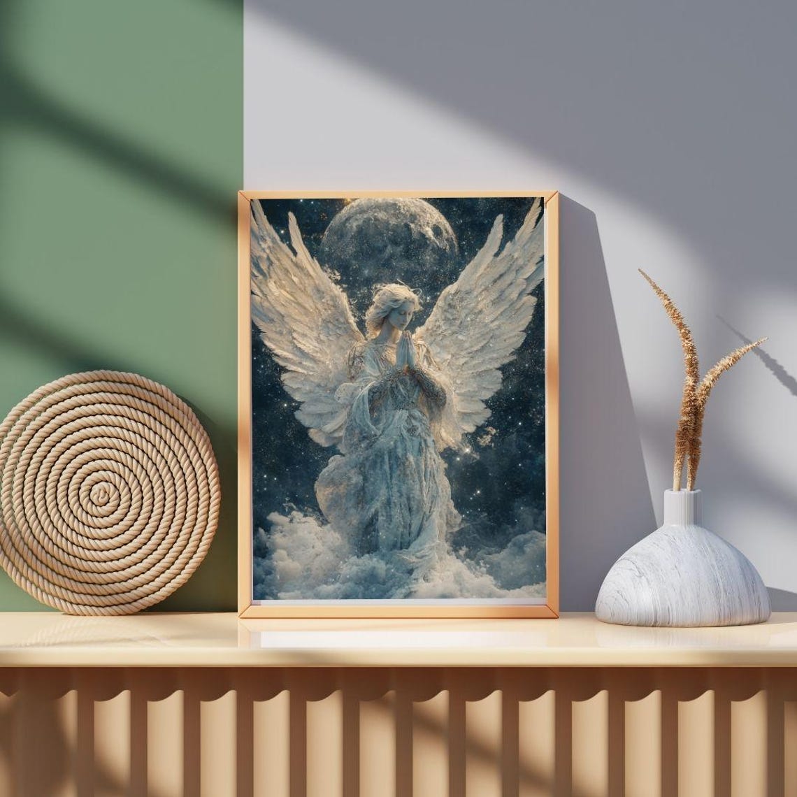 Moonlit Angel Praying Under Full Moon White Wings Celestial Art Poster - Image 3