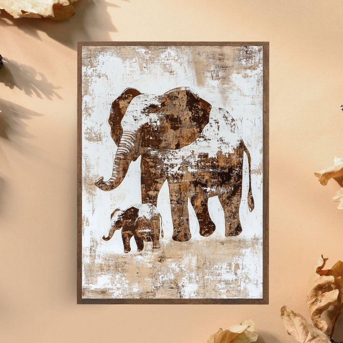 Mother Baby Elephant Rustic Silhouette Safari Nursery Wall Poster