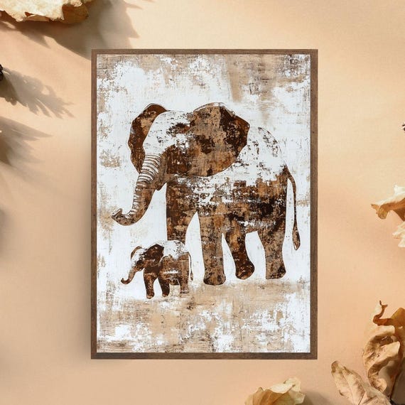 Rustic Elephant Art Print Mother And Baby Elephant Wall Decor Minimalist Safari Animal Artwork Vintage Style Nursery Decor