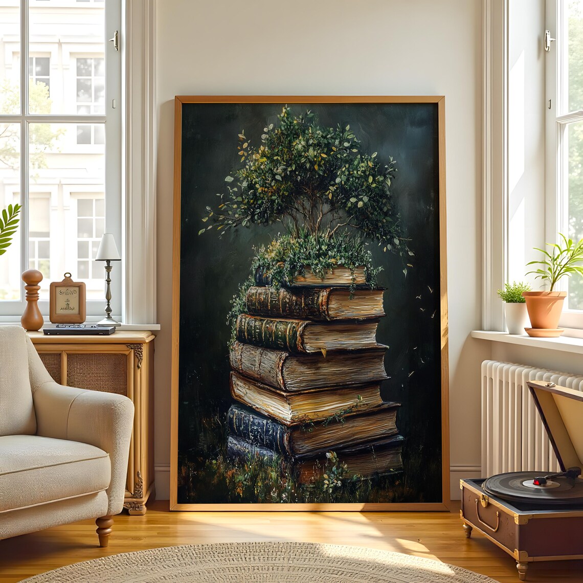 Enchanted Stack Of Vintage Books With Growing Tree Mystical Library Poster - Image 3