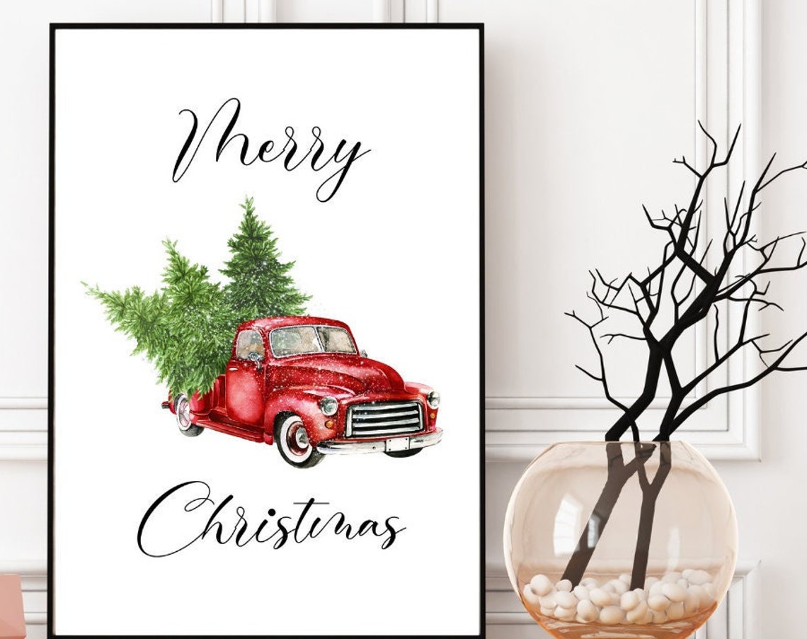 Merry Christmas Red Vintage Truck And Tree Holiday Art Poster