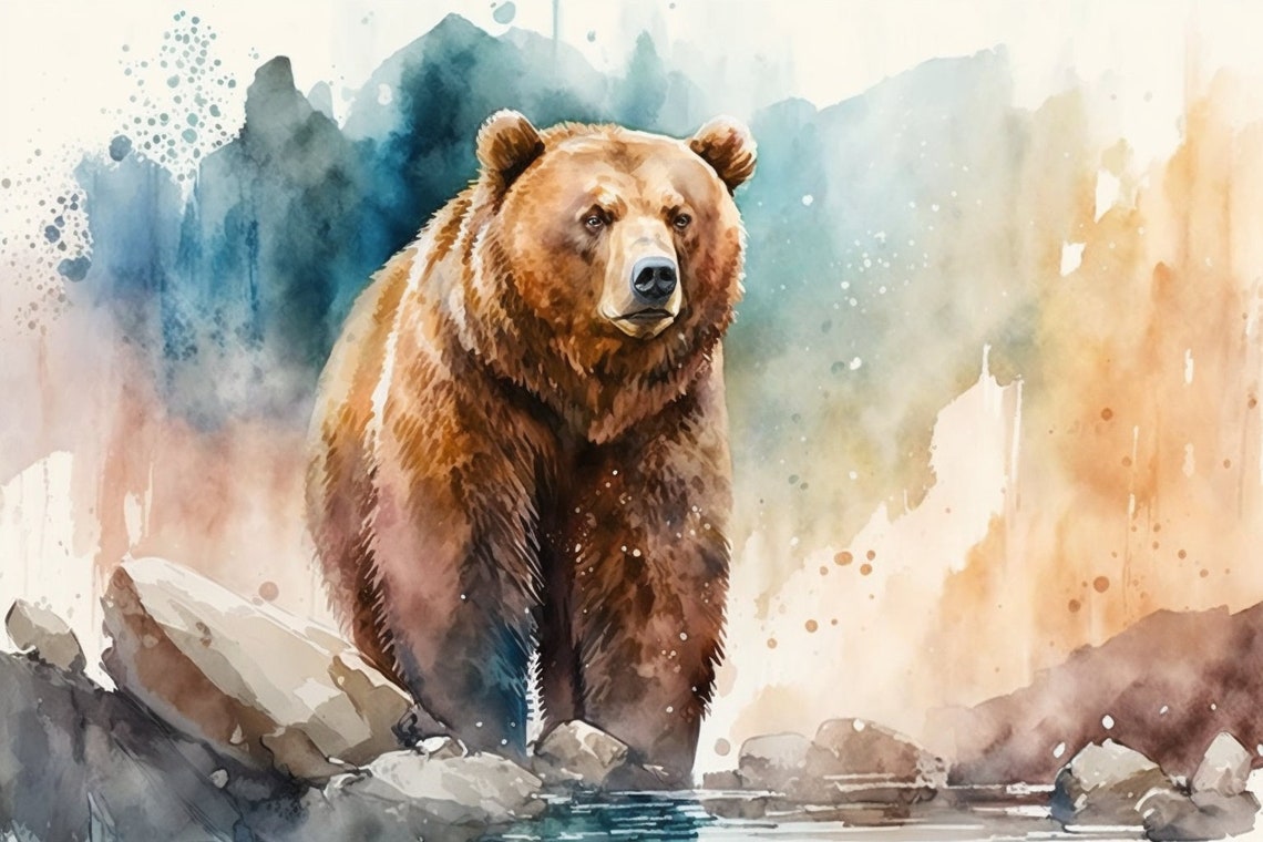 Grizzly Bear Watercolor Standing Rocks Forest Wildlife Poster