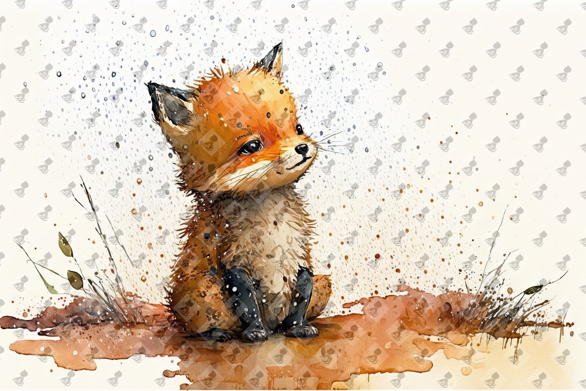 Cute Baby Fox Kit Rain Watercolor Autumn Nursery Animal Art Poster