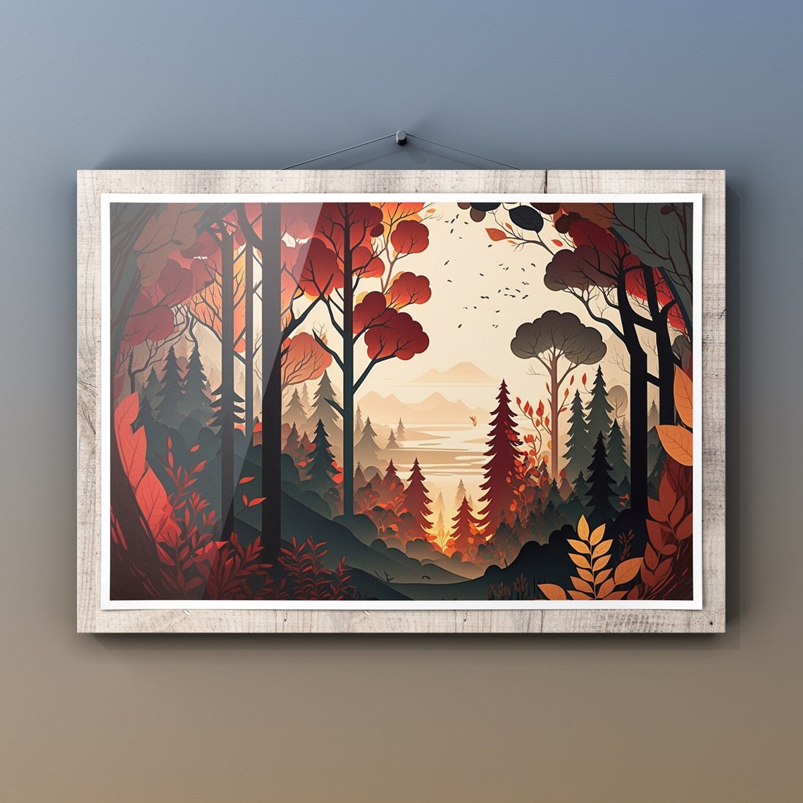 Red Autumn Forest Pines Distant Lake View Fall Landscape Wall Art