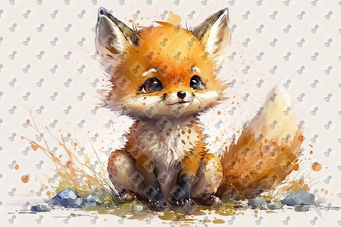 Cute Baby Red Fox Kit Watercolor Orange Nursery Animal Art Poster
