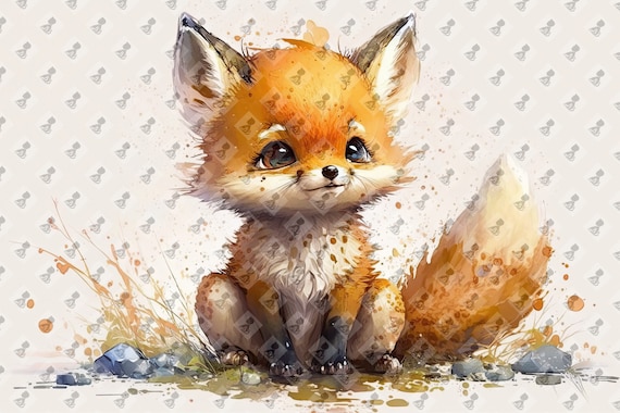 Cute Baby Red Fox Kit Watercolor Orange Nursery Animal Art Poster