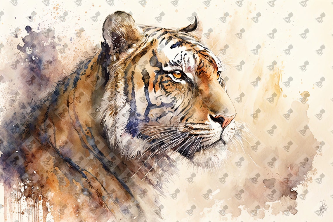 Tiger Side Profile Watercolor Big Cat Amber Rustic Wildlife Poster