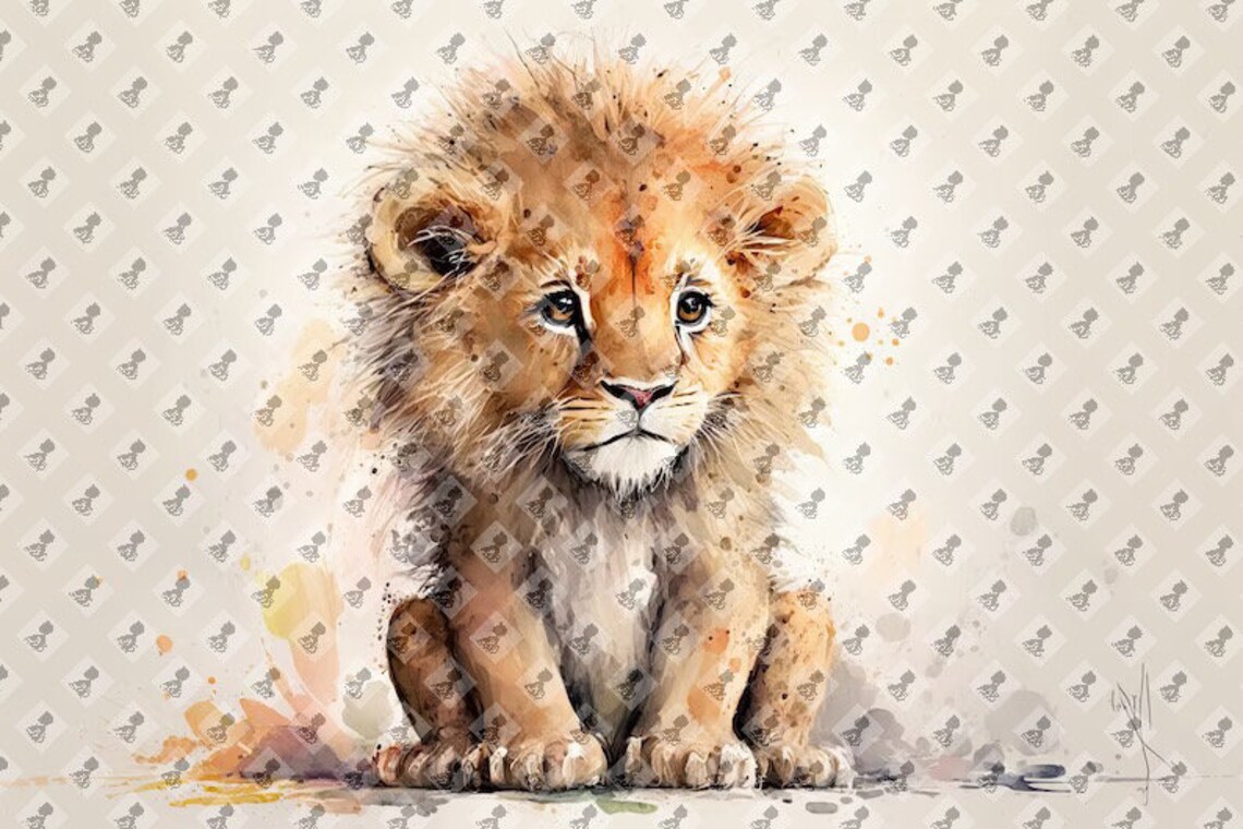 Watercolor Baby Lion Nursery Art Print, Animal Decor