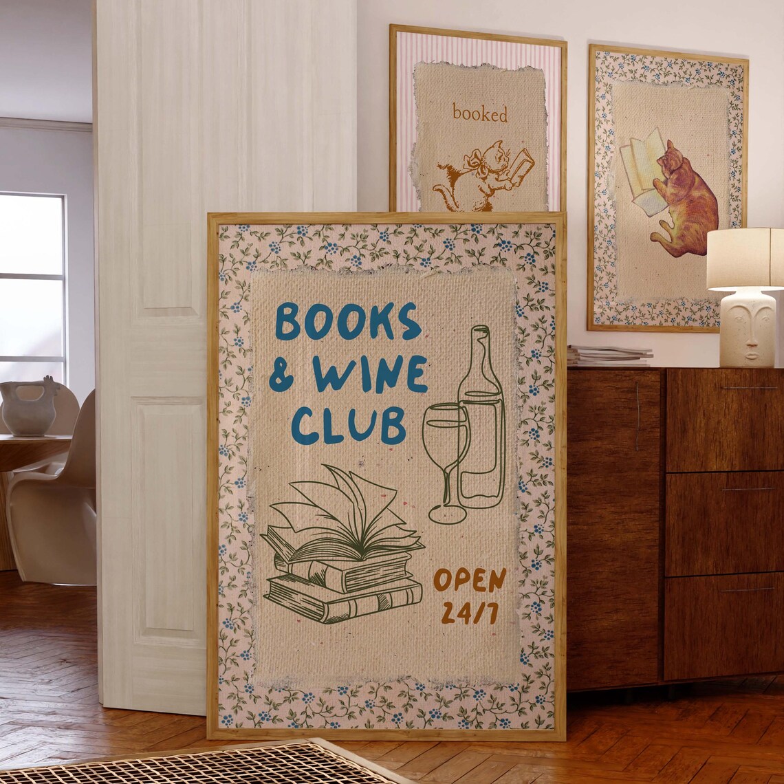 Blue Books and Wine Club Open 24/7 Floral Vintage Reading Poster - Image 5
