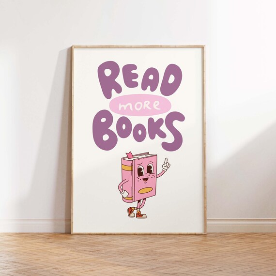 Read More Books Purple Bubble Letters Retro Book Mascot Poster
