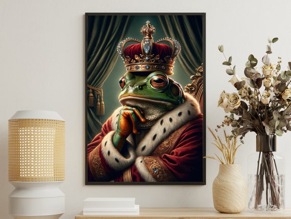 Vintage Frog King Painting Retro Frog Art Print Cottage Animal Print Dark Animal Poster Print