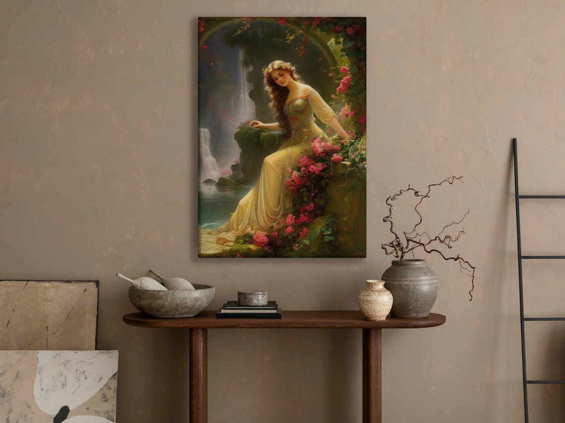 Woman In Flowing Yellow Gown By Waterfall Among Pink Flowers Romantic Poster - Image 4